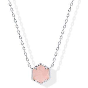 14K White Gold Rose Quartz Gemstone Pendant Necklace Dainty Chain